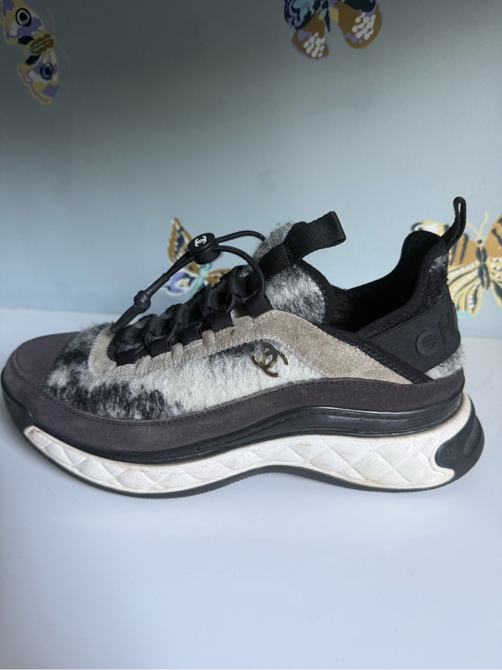 Chanel Black Gray Suede Felted Wool CC Cinch Close Sneakers - Picture 11 of 15
